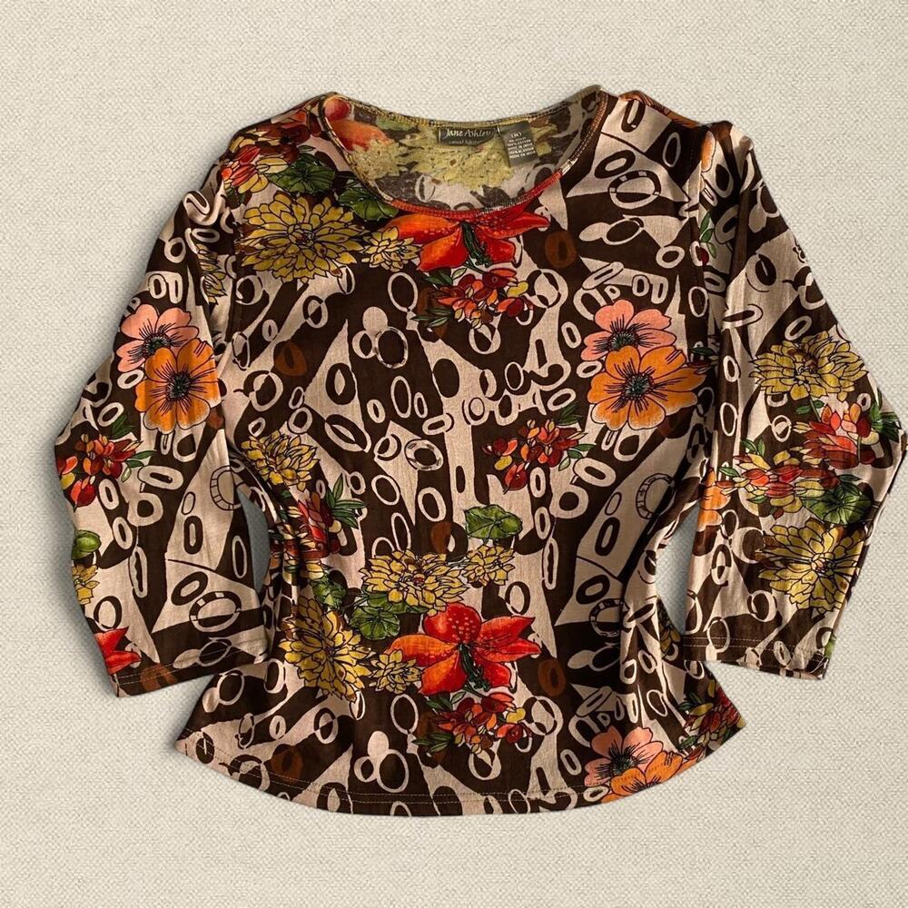 Y2K Funky Floral 100% Cotton 3/4 Sleeve Top sz M